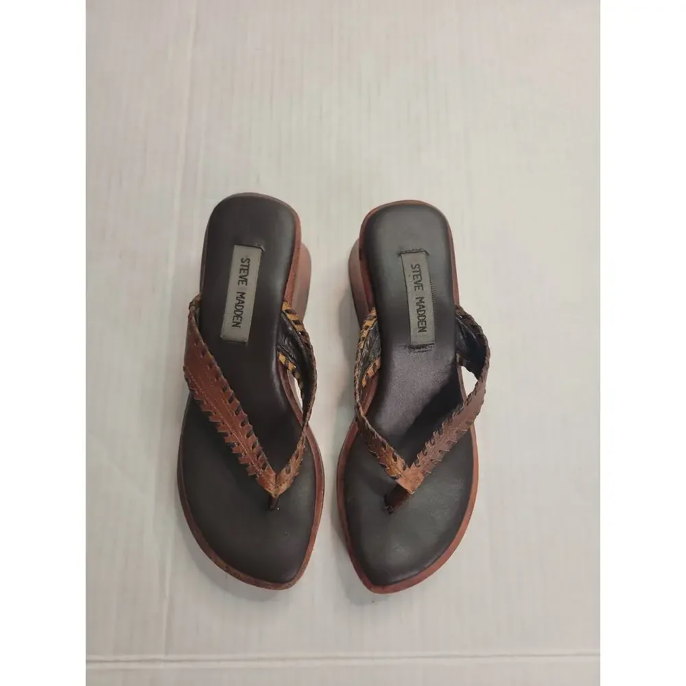 Vintage Steve Madden Chunky Wood Platform Wedge Sandals Size 7.5B Tan Boho Y2K